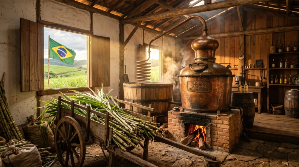 Alambiques de Minas Gerais - alambique de cobre em destilaria artesanal com cana-de-açúcar ao fundo em cenário rural mineiro