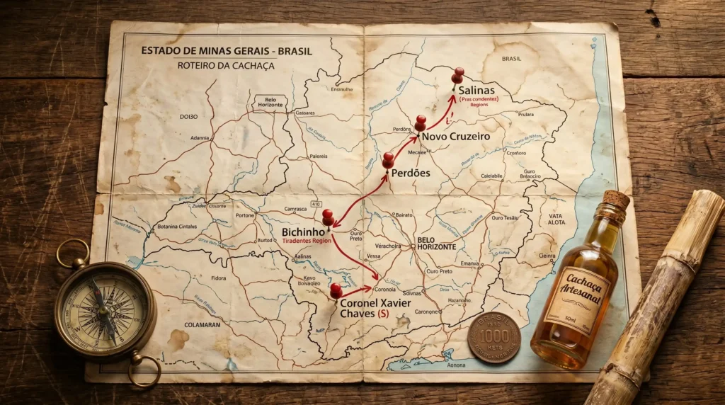 Mapa do roteiro turístico dos alambiques de Minas Gerais com principais destinos da cachaça artesanal: Salinas, Novo Cruzeiro, Perdões, Ouro Branco e Bichinho