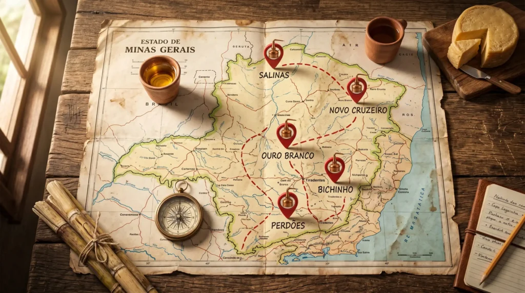 Roteiro pelos melhores alambiques de Minas Gerais - mapa das regiões produtoras de cachaça artesanal: Salinas, Novo Cruzeiro, Perdões, Ouro Branco e Bichinho em Tiradentes