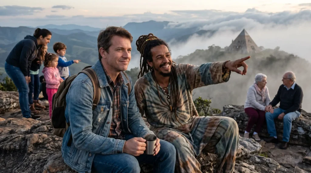 Turista cético conversa com morador local alternativo em mirante de São Thomé das Letras com famílias e idosos apreciando a vista das montanhas.