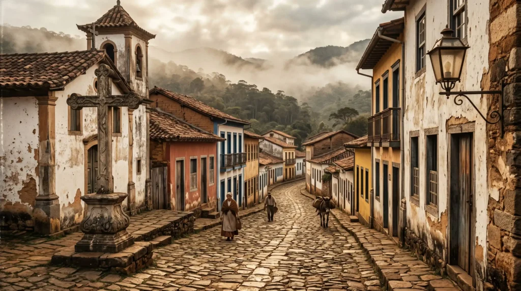 Rua de pedra com casario colonial colorido e um cruzeiro barroco em Lavras Novas, ao fim da tarde.