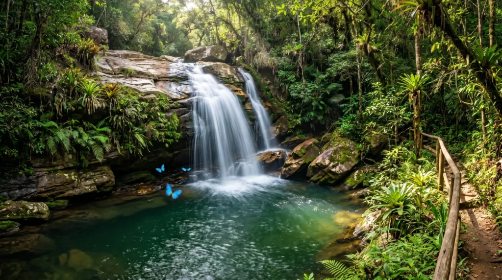 Cachoeira de águas cristalinas em São Thomé das Letras com piscina natural esmeralda e mata atlântica ao redor, Minas Gerais.