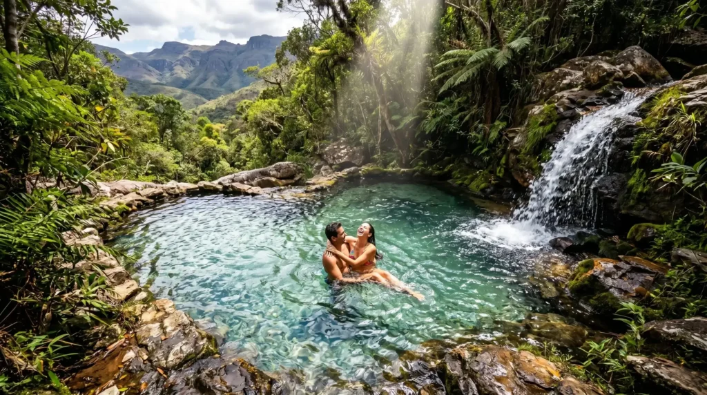 Casal tomando banho na Cachoeira dos Namorados em Lavras Novas, com água cristalina e mata atlântica exuberante ao redor.