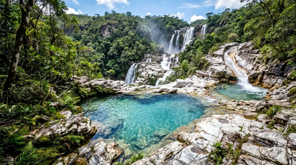 Conjunto de cachoeiras e piscinas naturais em Carrancas MG, com destaque para o Poço do Coração e o escorregador de pedra.