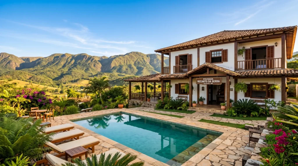 Fachada da Pousada Recanto da Serra em Carrancas MG, com piscina aquecida e montanhas ao fundo.