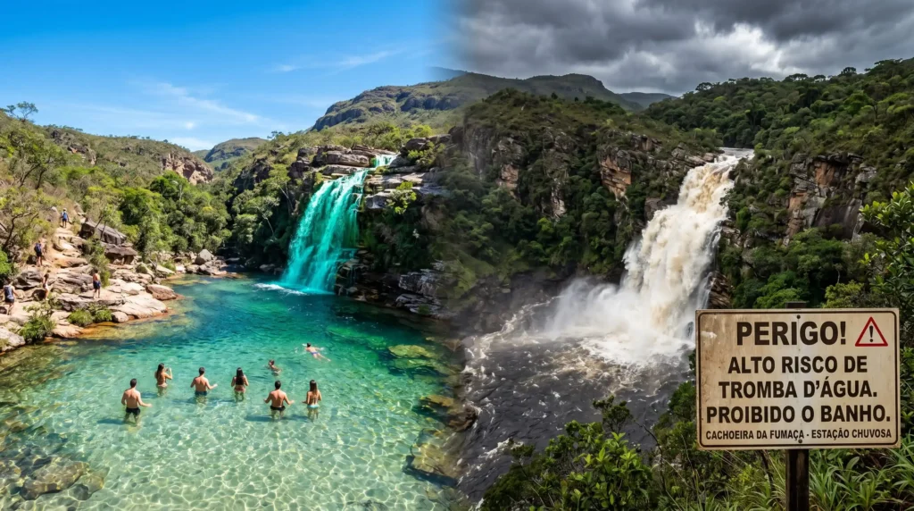 Comparação visual entre estação seca e chuvosa na Cachoeira da Fumaça em Carrancas MG, mostrando níveis de água e clima diferentes.