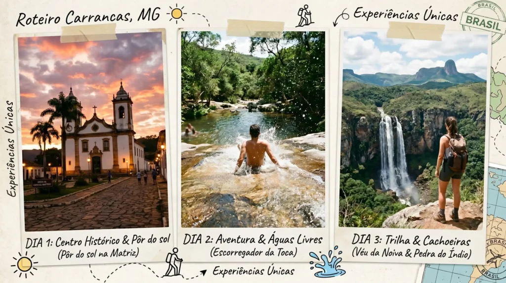Colagem de três dias de roteiro em Carrancas MG: igreja histórica, escorregador natural e cachoeira Véu da Noiva.