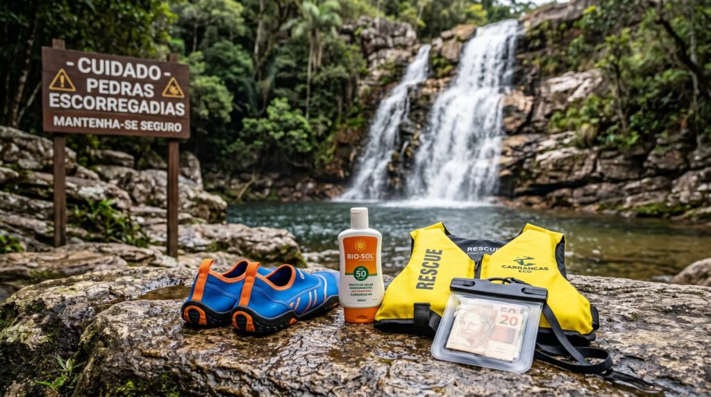 Equipamentos de segurança para cachoeiras em Carrancas MG: sapato aquático, protetor solar biodegradável, colete salva-vidas e bolsa impermeável.
