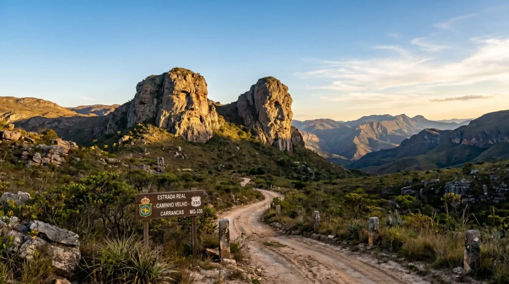 Formações rochosas em formato de carrancas na Serra de Carrancas MG, com trilha da Estrada Real ao fundo e vegetação de cerrado.