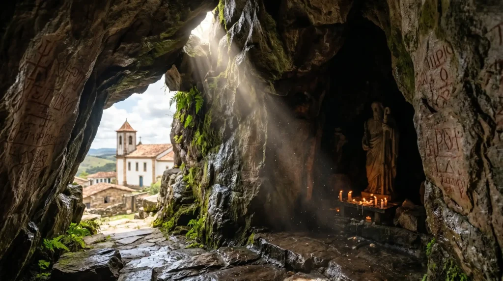 Entrada da gruta histórica de São Thomé das Letras com inscrições vermelhas nas paredes de pedra e estátua de São Thomé em seu interior, Minas Gerais.
