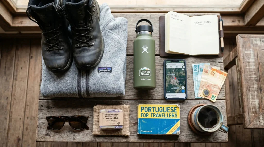 Itens essenciais para uma viagem dispostos sobre uma mesa de madeira, incluindo agasalho, botas, celular, kit de primeiros socorros e dinheiro.