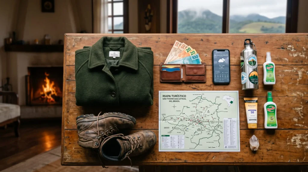 Itens essenciais para viajar a São Thomé das Letras dispostos sobre mesa: casaco, botas, repelente, protetor solar, garrafa de água, mapa e cristal de quartzo.