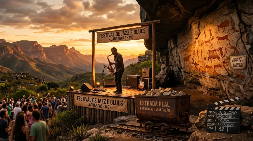 Composição com saxofonista ao pôr do sol em um palco montado na montanha, pinturas rupestres em abrigo de pedra, claquete de novela e carrinho de minério.