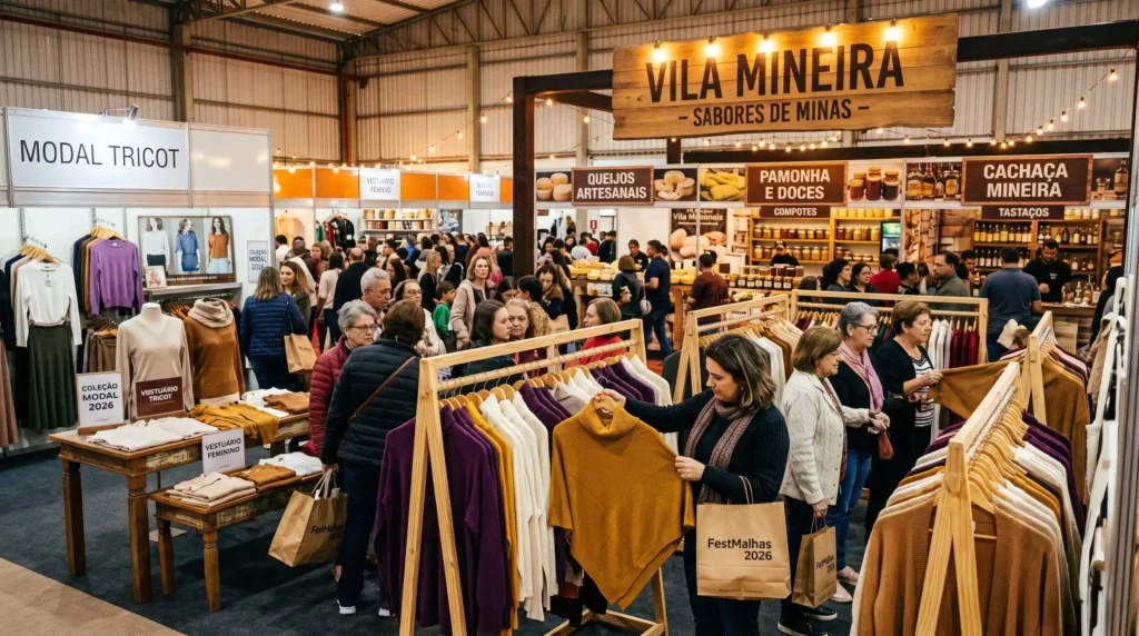 Feira FestMalhas 2026 em Jacutinga, Sul de Minas Gerais: corredor vibrante com roupas de malha de inverno em tons de berinjela, caramelo e off-white, visitantes felizes comprando, ao fundo a Vila Mineira com barracas de comida típica e bandeiras coloridas.