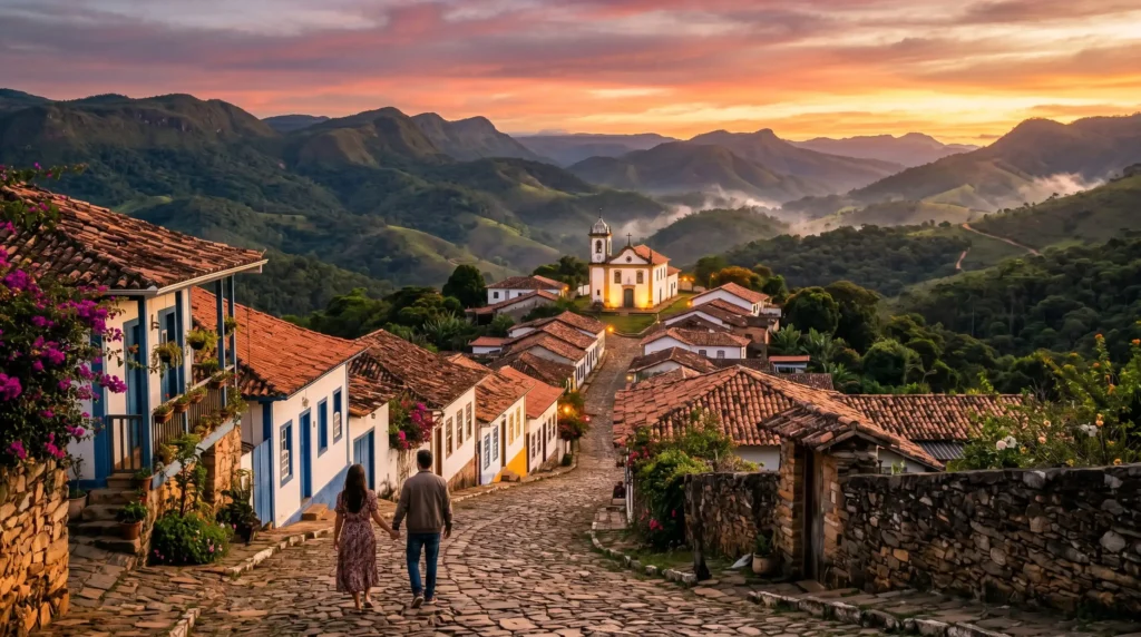 Vista panorâmica do vilarejo histórico de Lavras Novas em Minas Gerais ao pôr do sol, com suas casas coloridas, ruas de pedra e a igreja matriz cercada pelas montanhas da Serra do Espinhaço.