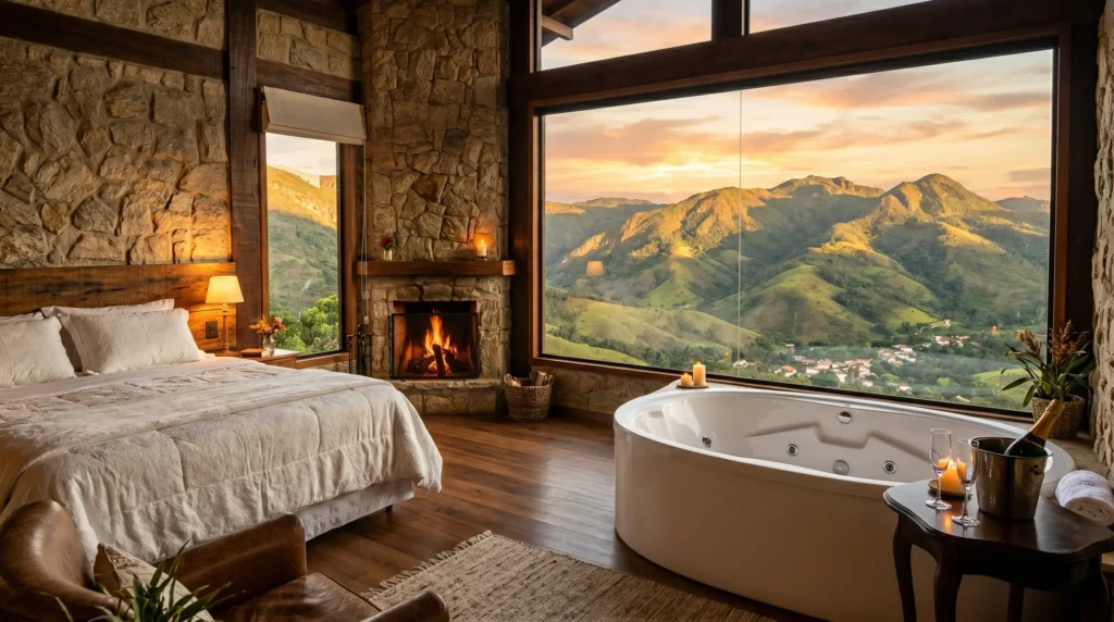 Suíte de pousada de luxo em Lavras Novas com banheira de hidromassagem ao lado de uma janela panorâmica com vista para as montanhas