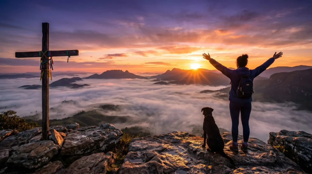Nascer do sol no mirante do Cruzeiro em São Thomé das Letras com viajante de braços abertos abraçando o dia, montanhas cobertas de neblina e céu colorido.