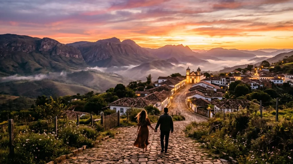 Casal caminhando de mãos dadas pelas ruas de pedra de Lavras Novas ao pôr do sol, com o vilarejo e as montanhas ao fundo.