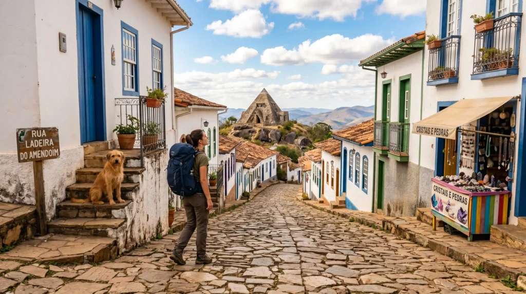 Ladeira de pedras de quartzito em São Thomé das Letras com casas coloniais brancas e a Casa da Pirâmide ao fundo, Minas Gerais.