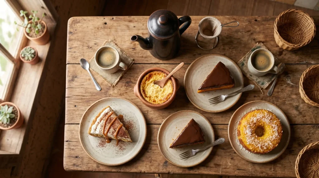Mesa de madeira rústica com variedade de doces e quitutes mineiros, incluindo queijadinha, banoffee, bolinhos e café fresco
