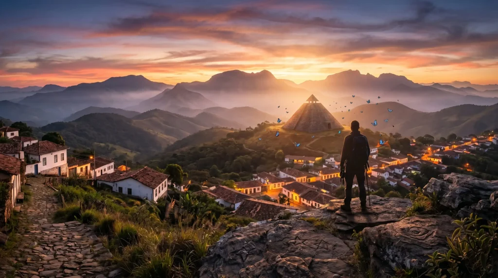 São Thomé das Letras e Seus Mistérios Fascinantes Vista panorâmica de São Thomé das Letras ao pôr do sol, com a Casa da Pirâmide no topo do morro, ruas de pedra de quartzito e as montanhas da Serra da Mantiqueira ao fundo em Minas Gerais.